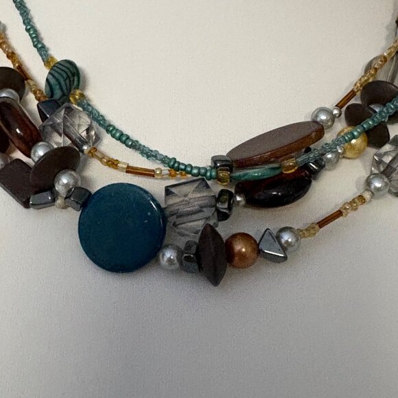 Multi Strand Brown Teal Wood Beaded Necklace Boho Layered Statement Jewelry - Picture 6 of 8